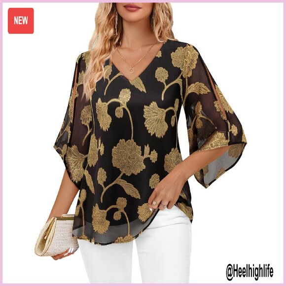 Tops - Chiffon 3/4 Sleeve Ruffle V-Neck Blouse, Dressy Top, Size Medium